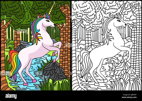 unicorn leaping  forest coloring page colored stock vector image