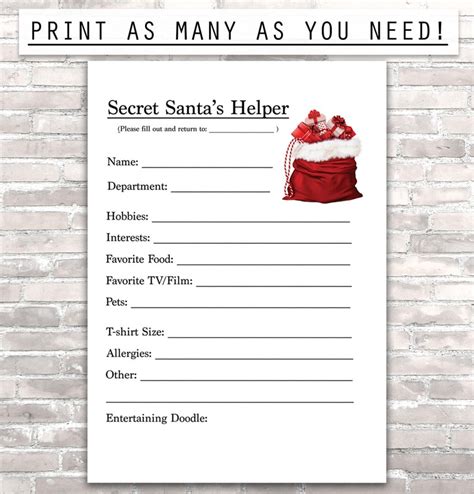 Secret Santa S Helper Printable Secret Santa Form Etsy