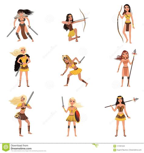 amazon girls set women warriors with spears swords and bows vector