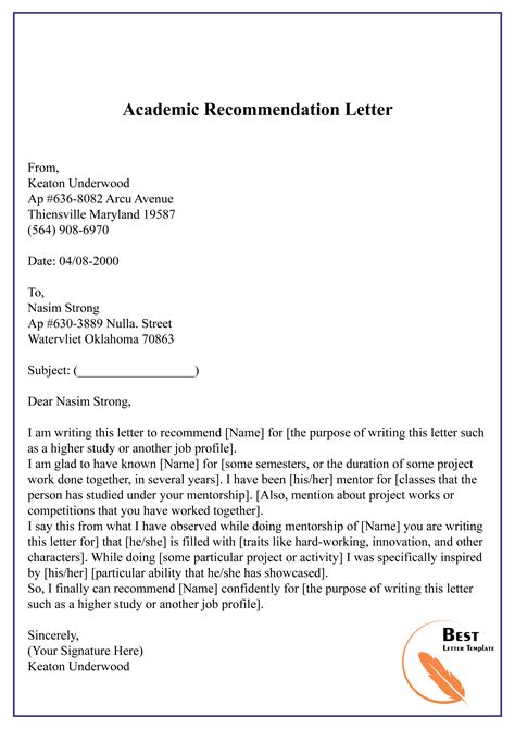 academic recommendation letter   letter template