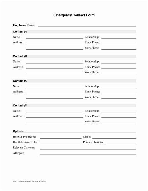employee contact list template beautiful employee emergency contact printable form  pin
