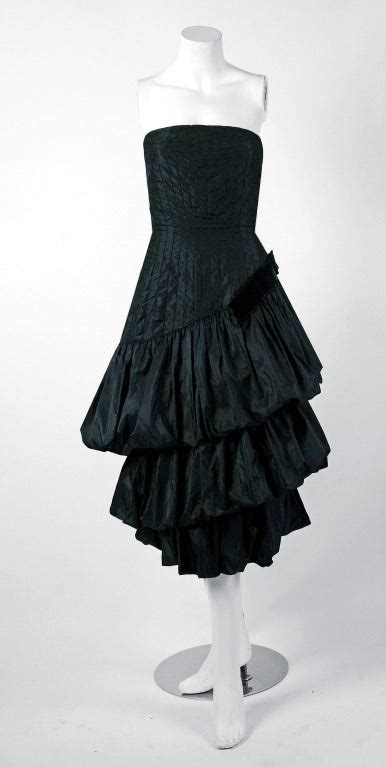 1951 bruxelles custom couture black silk pintuck strapless puff party