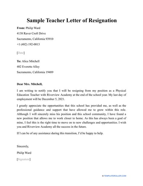 sample teacher letter  resignation  printable