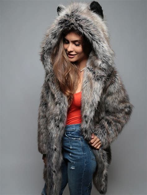 Classic Grey Wolf Faux Fur Coat Fur Coat Faux Fur Coat
