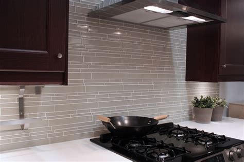 Light Taupe Linear Glass Mosaic Tile Backsplash Modern Kitchen