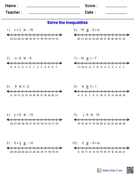 step inequalities worksheets  adding  subtracting math aids
