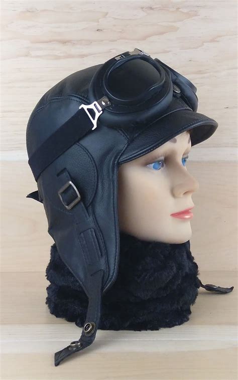 Leather Aviator Hat Black Pilot Cap Steampunk Hat And Goggles
