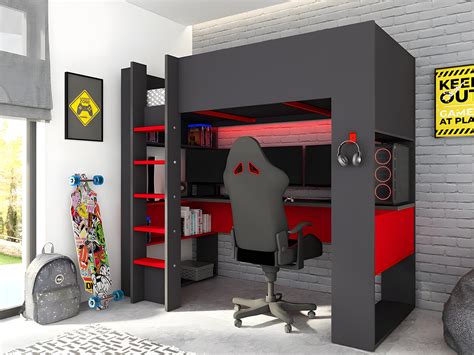 lit mezzanine gamer bureau  rangements  cm leds gris  rouge avec matelas noah