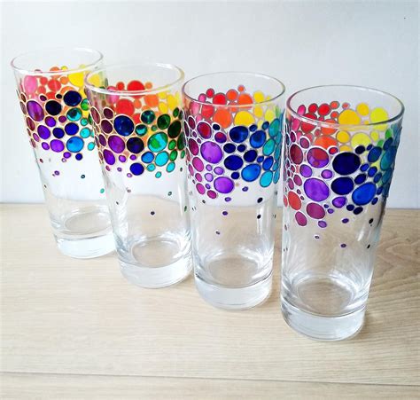 Rainbow Drinking Glasses Set Of 4 Hand Painted Colored Tumblers Water