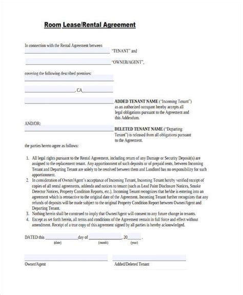 room lease agreement samples   ms word