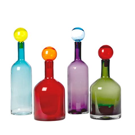 Set Of 4 Glass Bottles W Bubble Caps Vibrant Colors Colored Glass