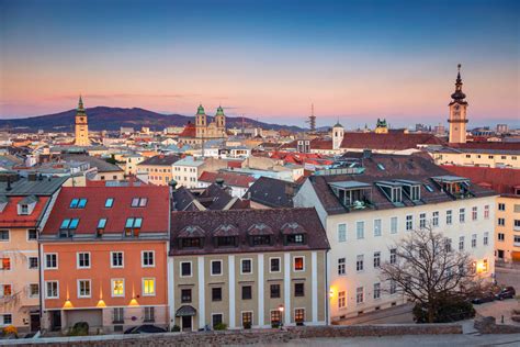 aerial cityscape image  linz austria  sunset pure vacations