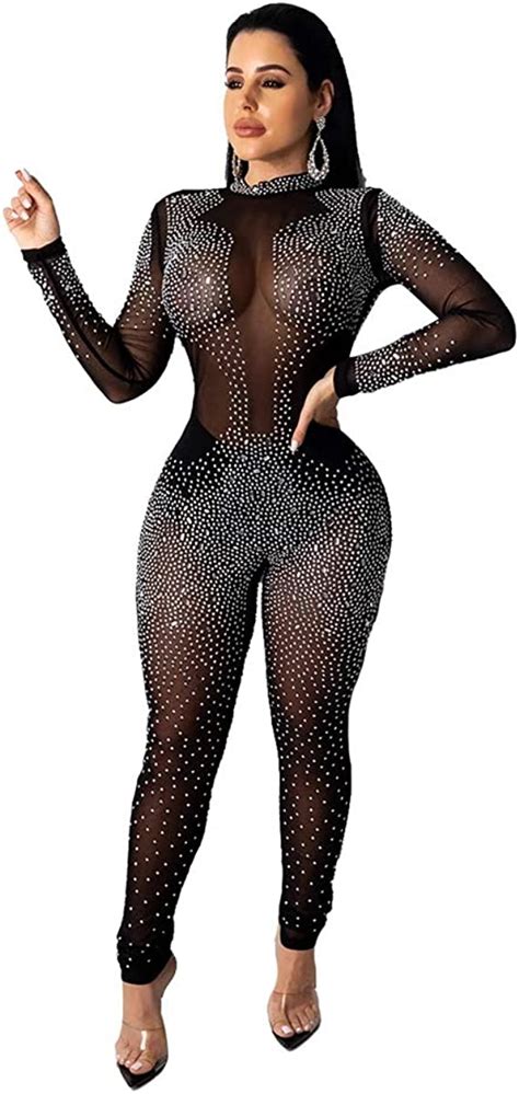 women sexy rhinestone mesh see through jumpsuit long sleeve