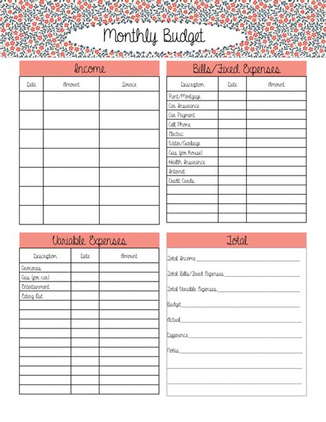 printable family budget sheet  shown  red  blue flowers