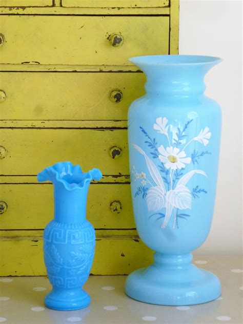 Antique Blue Milk Glass Vase With Hand Painted Floral Etsy