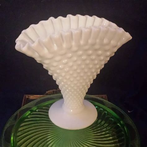 Fenton Hobnail Milk Glass Fan Vase With Ruffled Top Vintage Etsy