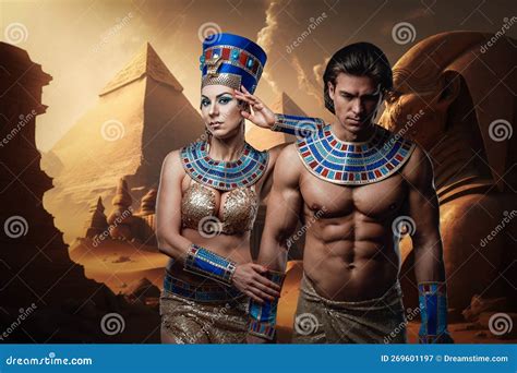 Strong Egyptian Man And Glamor Female Pharaoh In Egypt Stock Image