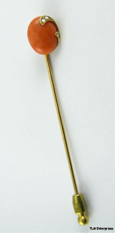 Genuine Coral Diamond Antique Stickpin 18k Yellow Gold Ebay Yellow