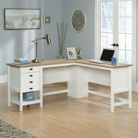 sauder cottage road  shaped desk  oak top soft white finish