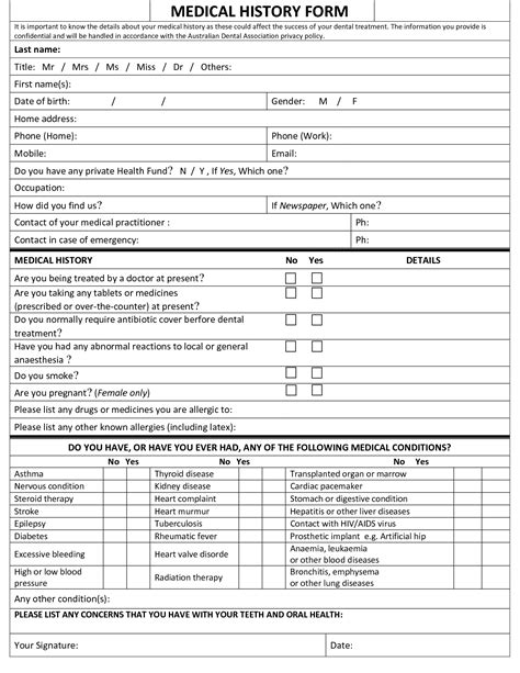medical history form template templates  printable