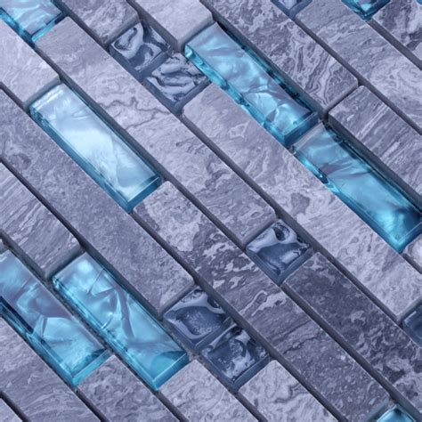 Blue Glass Stone Mosaic Wall Tiles Gray Marble Tile Kitchen Backsplash