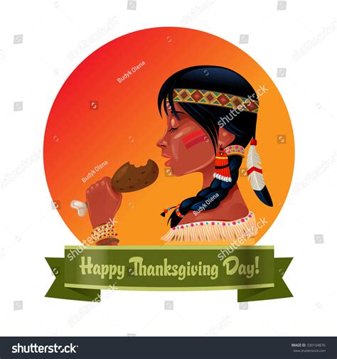Cartoon Native American Girl Eating Turkey Stock Vector