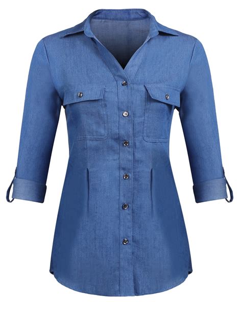pinspark womens basic button  roll  sleeve jean denim shirt tops  xxl denim fit