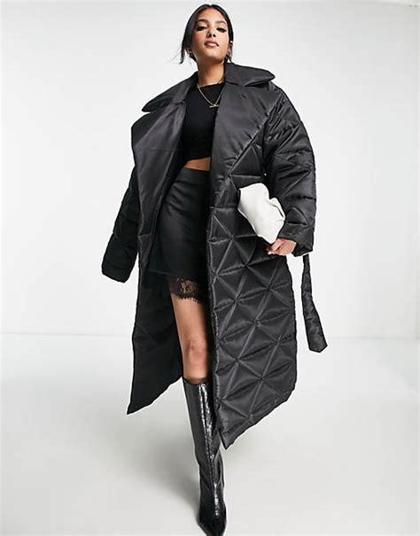 asos design gewatteerde nylon maxi jas  zwart asos