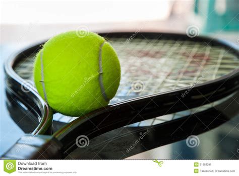Tennis Ball On A Racket Stock Image Image Of Healthy