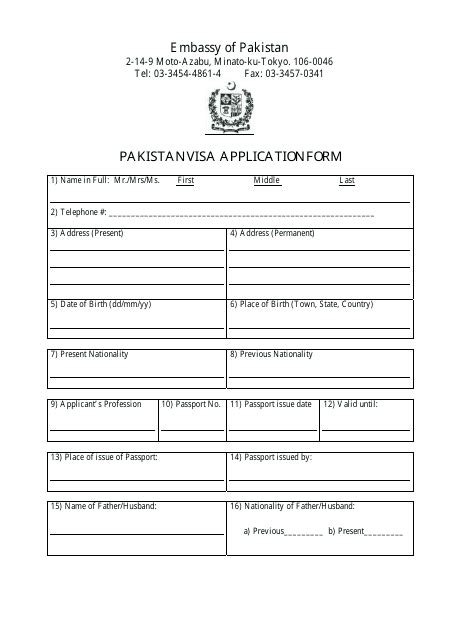 tokyo japan pakistan visa application form embassy of pakistan fill
