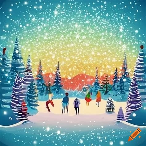 festive winter scene  adults  reflecting lights  craiyon