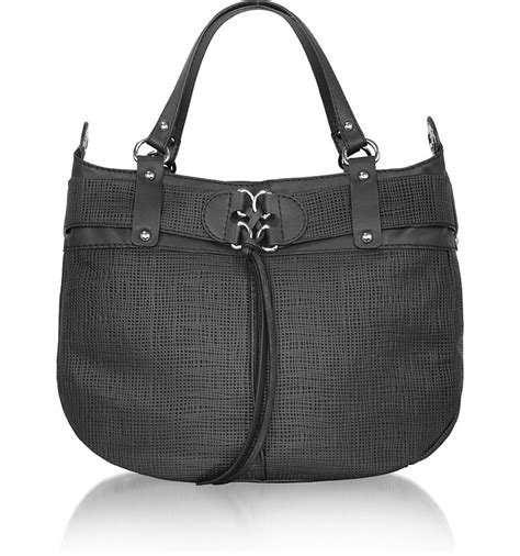 luana black olivie large perforated leather satchel bag with shoulder strap at forzieri