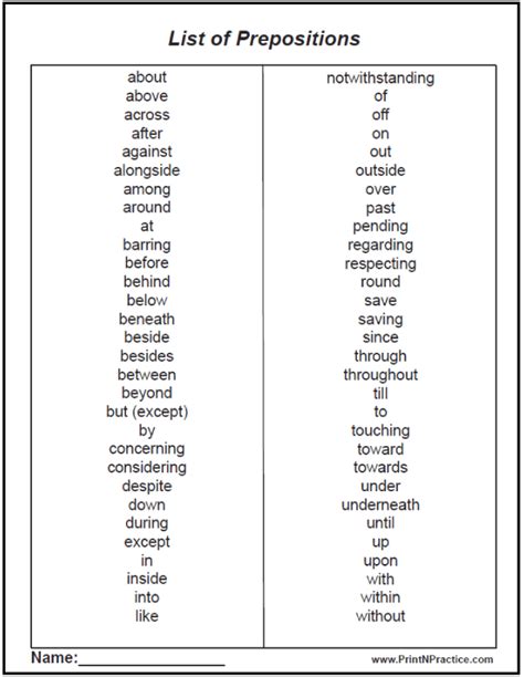 list  prepositions  preposition worksheets preposition