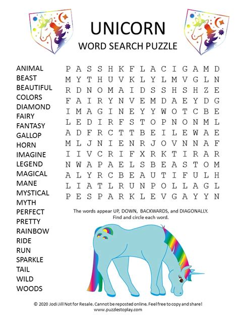 unicorn word search puzzle puzzles  play