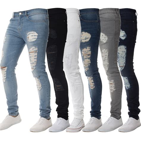 enzo designer mens super stretch skinny jeans ripped distressed blue black ebay