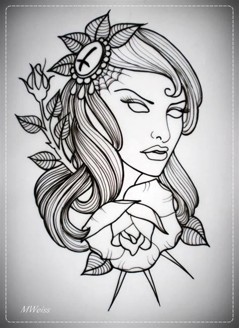 girl  rose tattoo flash outline  oldskulllovebymw  deviantart