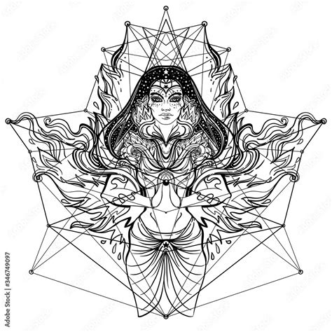Asian Magic Woman With Sacred Geometry And Fire Vector Illustration