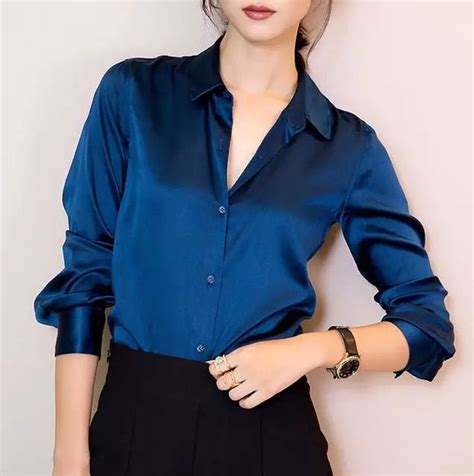 s xxxl fashion women dark blue satin silk blouse ladies casual long