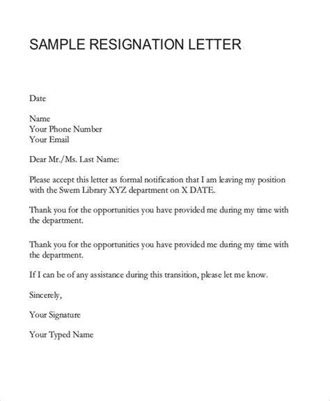 resignation letter samples  ms word