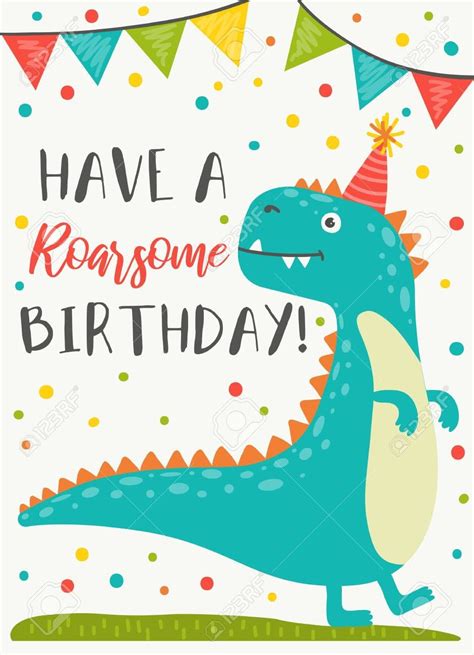 dinosaur character happy birthday greeting card vector illustration