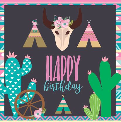 happy birthday card  boho elements vector illustration stock illustration  image