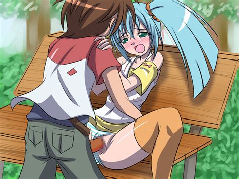 runo misaki and dan kuso having fucky fucky on park bench in a middle of a day