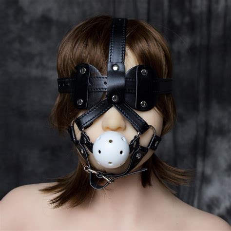 2015 sexy costume leather head harnesses fetish muzzles mouth ball gag with blindfold silence