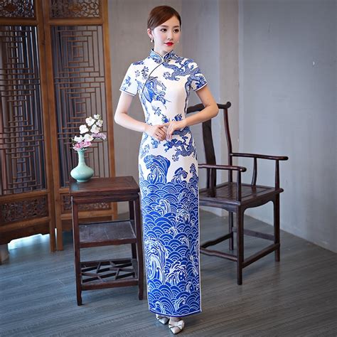blue and white long cheongsam modern qipao sexy chinese oriental