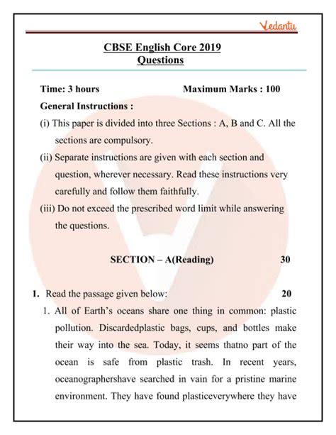 cbse class  english core sample paper  answers examples papers