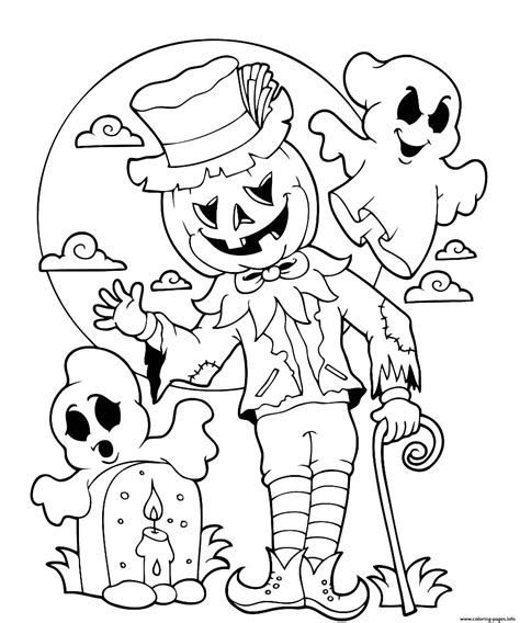 halloween scarecrow pumpkin graveyard moon coloring page printable