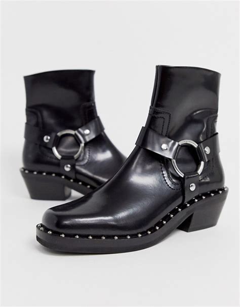 asos design axel premium leather studded western ankle boots  black asos   boots