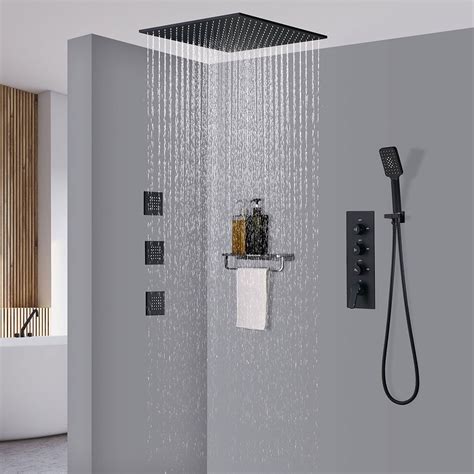 thermostatic matte black shower system  large rainfall shower head