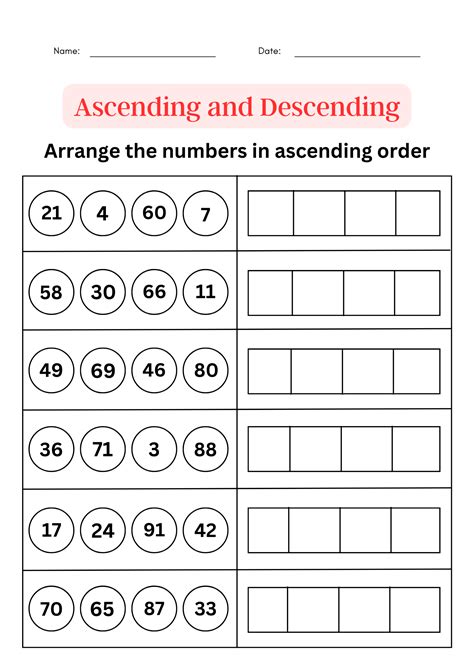 ascending  descending order worksheet    ordering numbers
