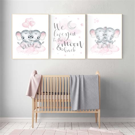 Twin Nursery Wall Art Twin Nursery Decor Elephant Pink Etsy